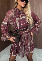 Wzorzysta Rochie mini z falbankami Autumn Memory burgundowa