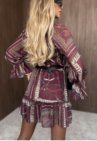 Wzorzysta Rochie mini z falbankami Autumn Memory burgundowa