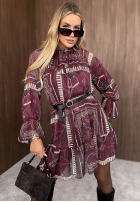 Wzorzysta Rochie mini z falbankami Autumn Memory burgundowa