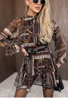 Wzorzysta Rochie mini z falbankami Autumn Memory burgundowa