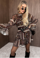 Wzorzysta Rochie mini z falbankami Autumn Memory burgundowa