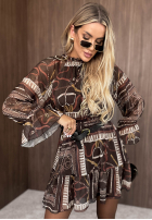 Wzorzysta Rochie mini z falbankami Autumn Memory burgundowa
