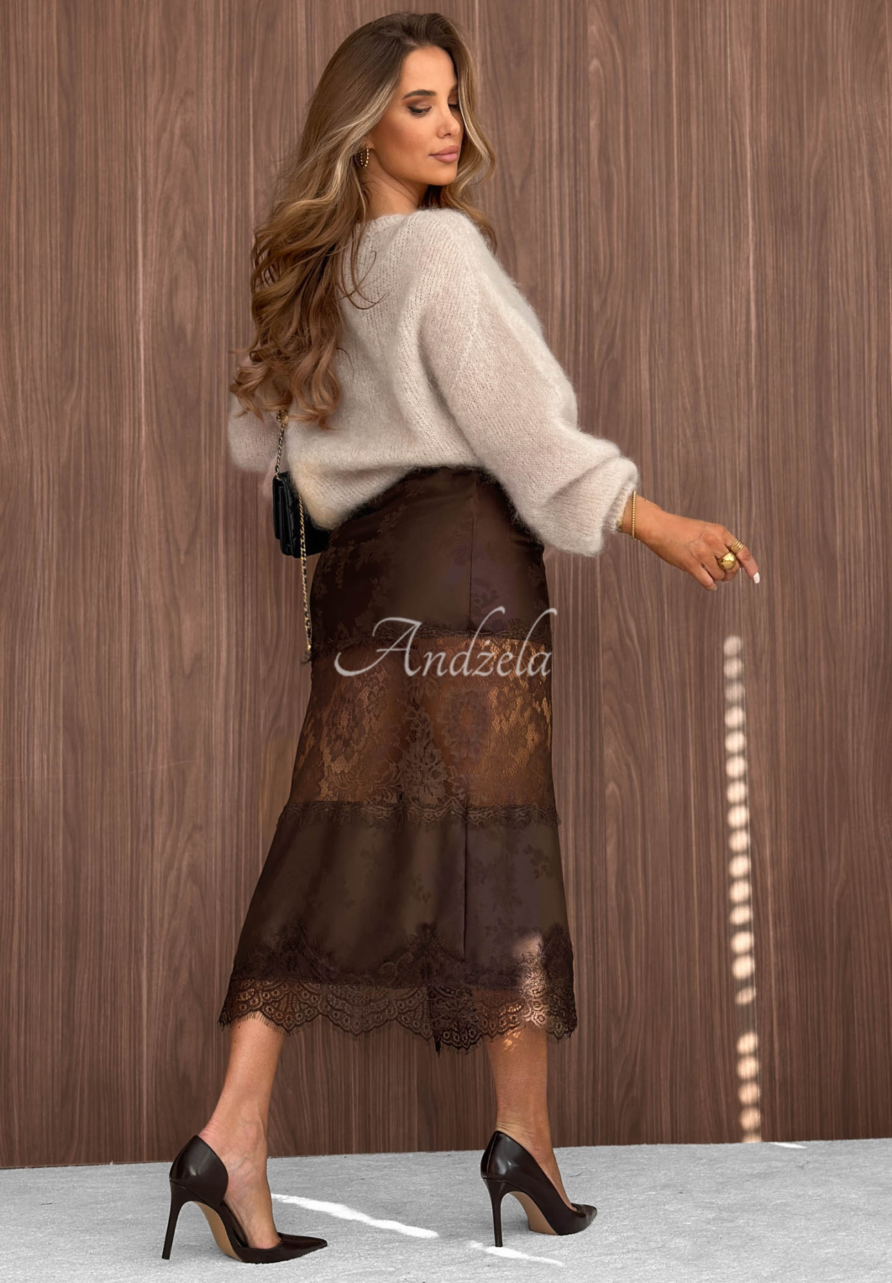 Fustă midi din satin cu dantelă Autumn Desire