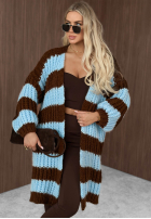Długi Cardigan oversize z bufiastymi rękawami w paski October Charm niebiesko-ciocolatiu