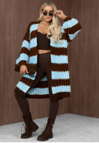 Długi Cardigan oversize z bufiastymi rękawami w paski October Charm niebiesko-ciocolatiu