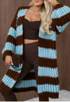Długi Cardigan oversize z bufiastymi rękawami w paski October Charm niebiesko-ciocolatiu