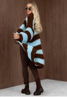 Długi Cardigan oversize z bufiastymi rękawami w paski October Charm niebiesko-ciocolatiu