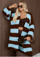 Długi Cardigan oversize z bufiastymi rękawami w paski October Charm niebiesko-ciocolatiu