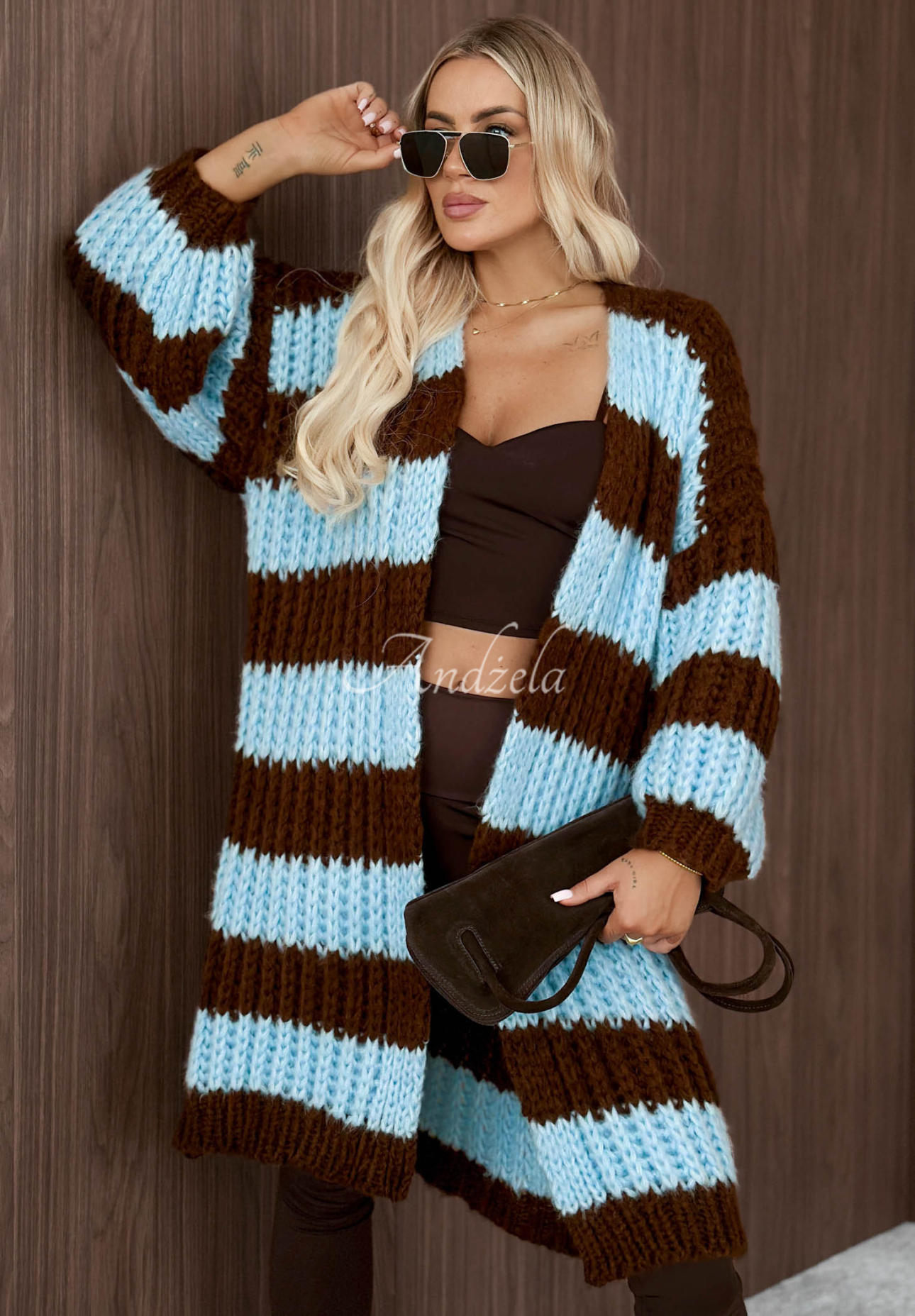 Cardigan lung în dungi cu mâneci bufante October Charm