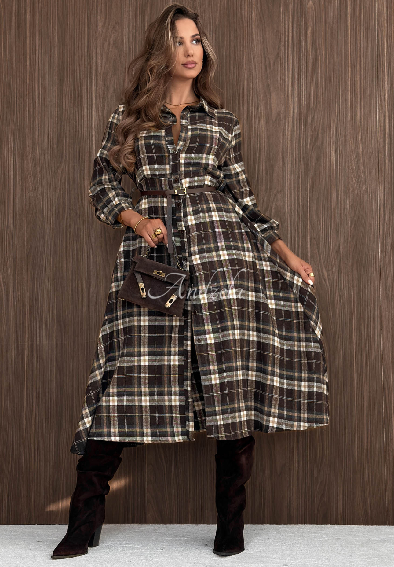 Rochie tip cămașă midi din bumbac în carouri Fall Signature