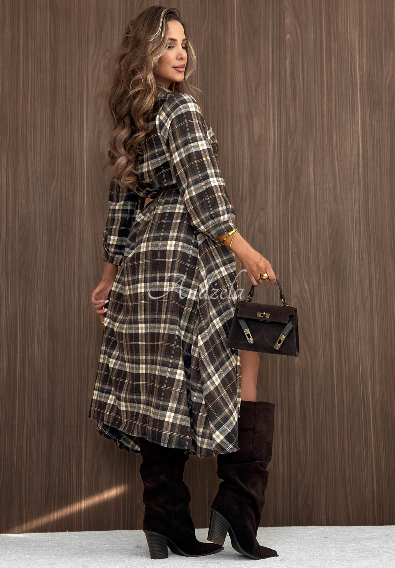 Rochie tip cămașă midi din bumbac în carouri Fall Signature