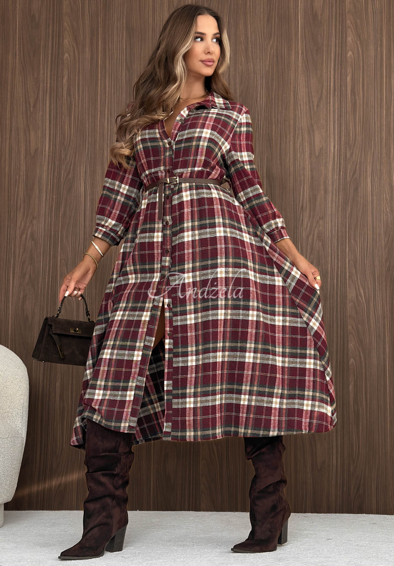 Rochie tip cămașă midi din bumbac în carouri Fall Signature