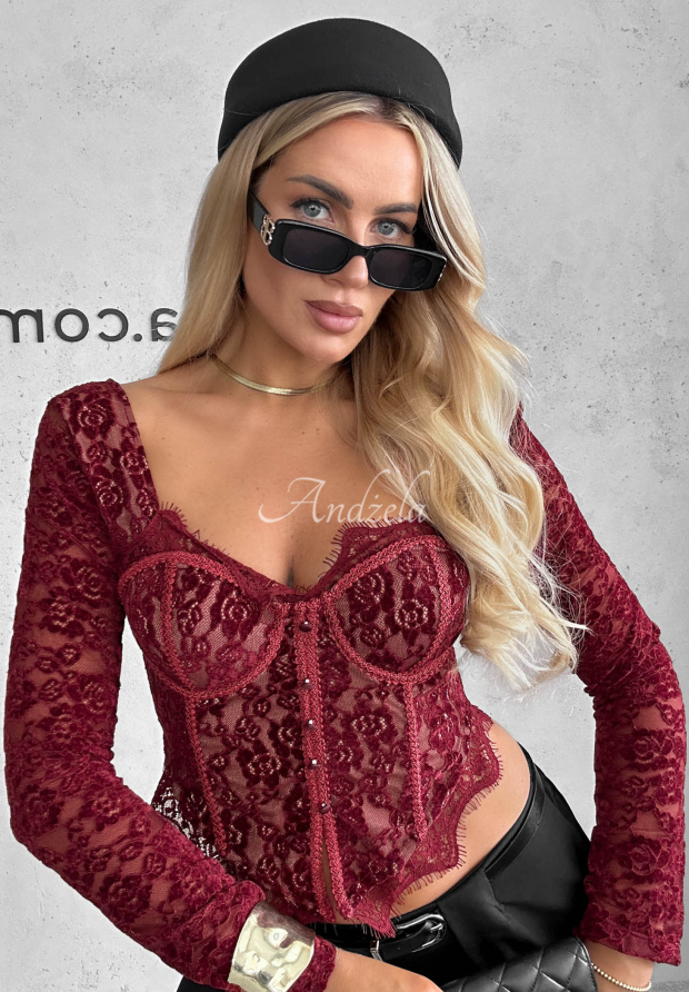 Bluză corset cu m&acirc;necă lungă din dantelă Pure Seduction