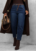 Pantaloni din denim mom fit z paskiem Weekend Mess ciemnoniebieskie