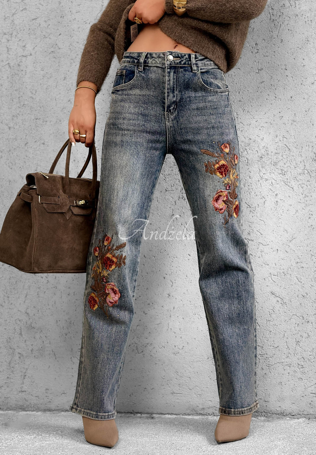 Blugi straight cu flori brodate Morning Flores