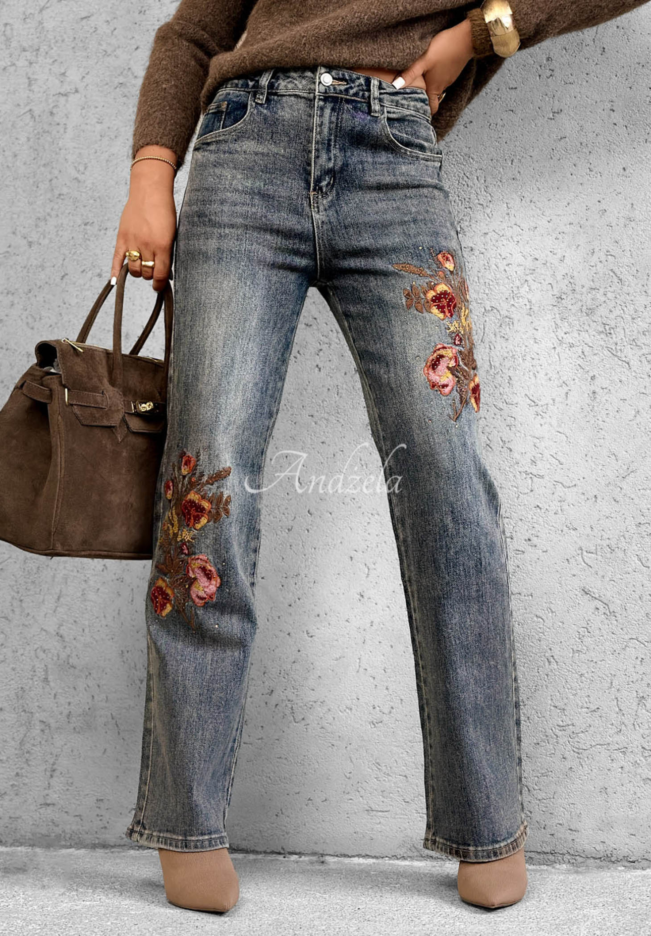 Blugi straight cu flori brodate Morning Flores