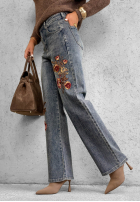 Pantaloni din denim straight z haftowanymi kwiatami Morning Flores albastre