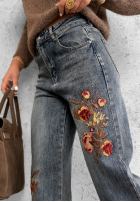 Pantaloni din denim straight z haftowanymi kwiatami Morning Flores albastre