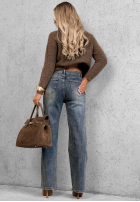 Pantaloni din denim straight z haftowanymi kwiatami Morning Flores albastre