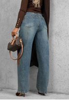 Pantaloni din denim mom fit z naszywkami Fall Mood albastre