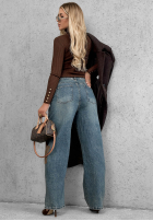 Pantaloni din denim mom fit z naszywkami Fall Mood albastre
