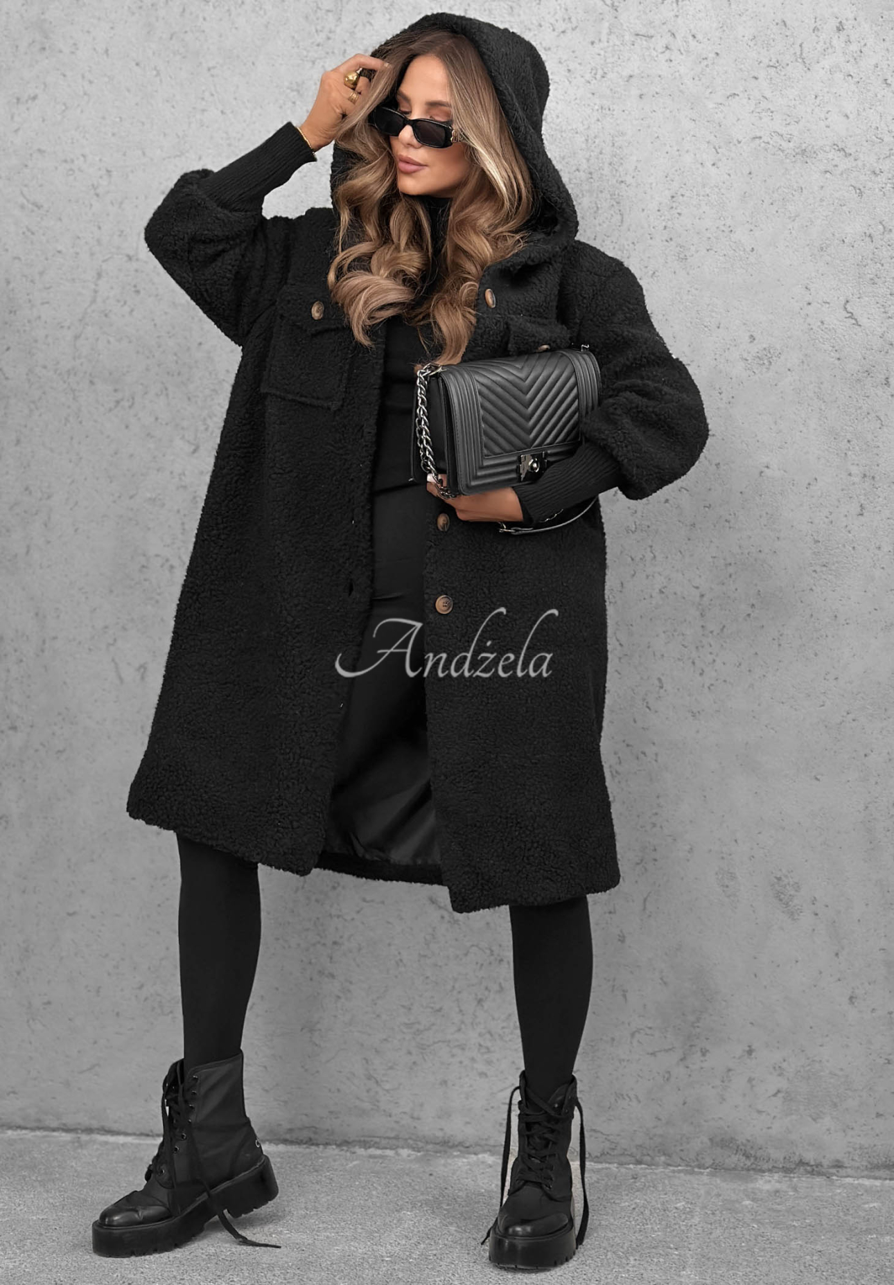Pardesiu lung din imitație de lână de miel cu glugă Aspen Babe