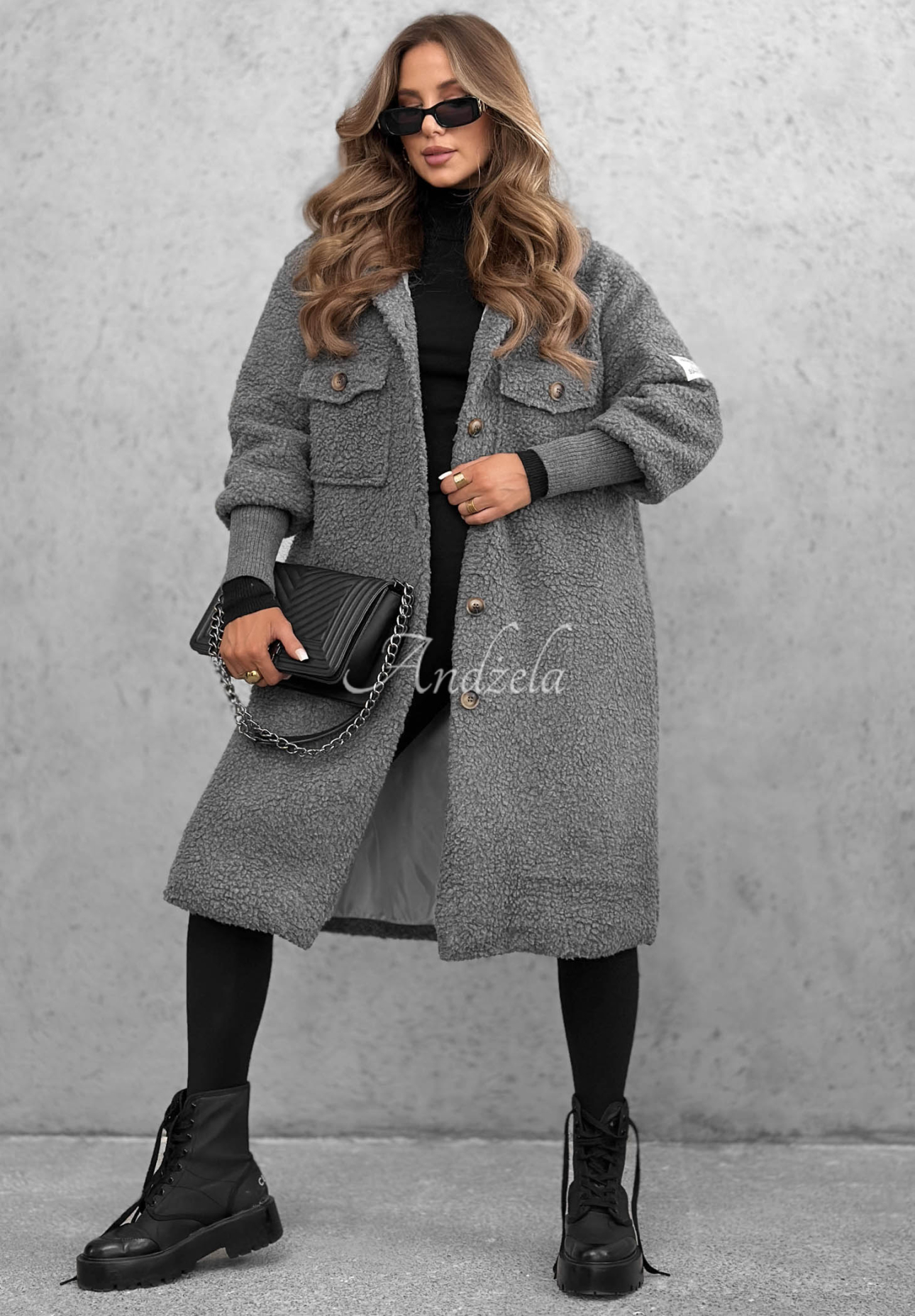 Pardesiu lung din imitație de lână de miel cu glugă Aspen Babe