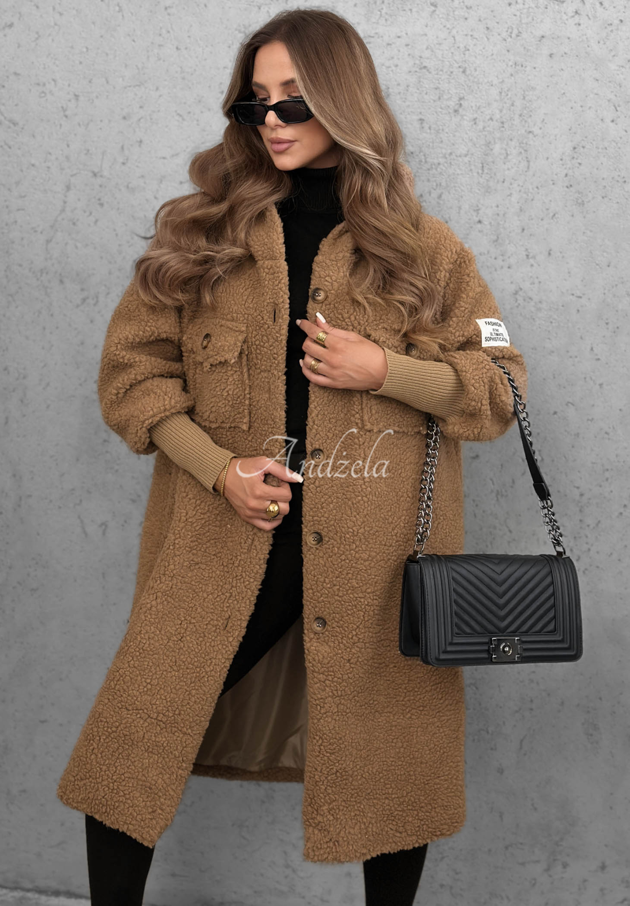 Pardesiu lung din imitație de lână de miel cu glugă Aspen Babe