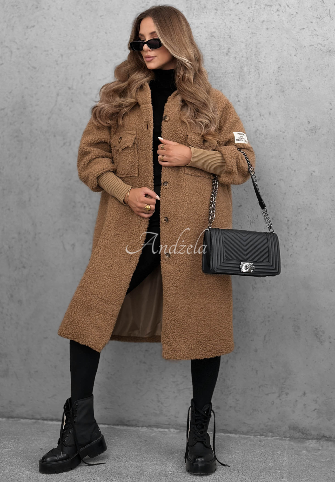 Pardesiu lung din imitație de lână de miel cu glugă Aspen Babe