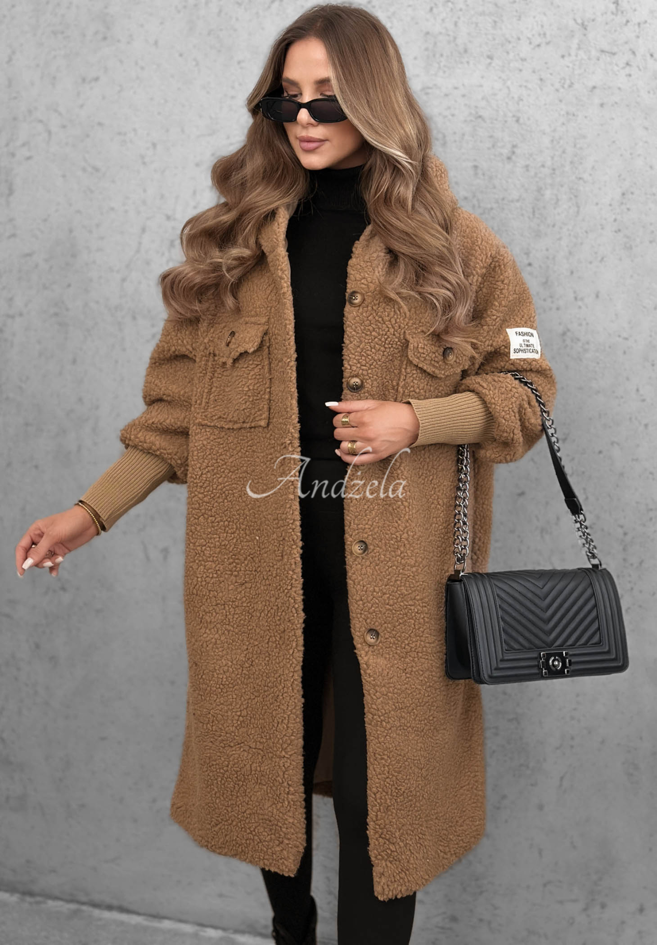 Pardesiu lung din imitație de lână de miel cu glugă Aspen Babe