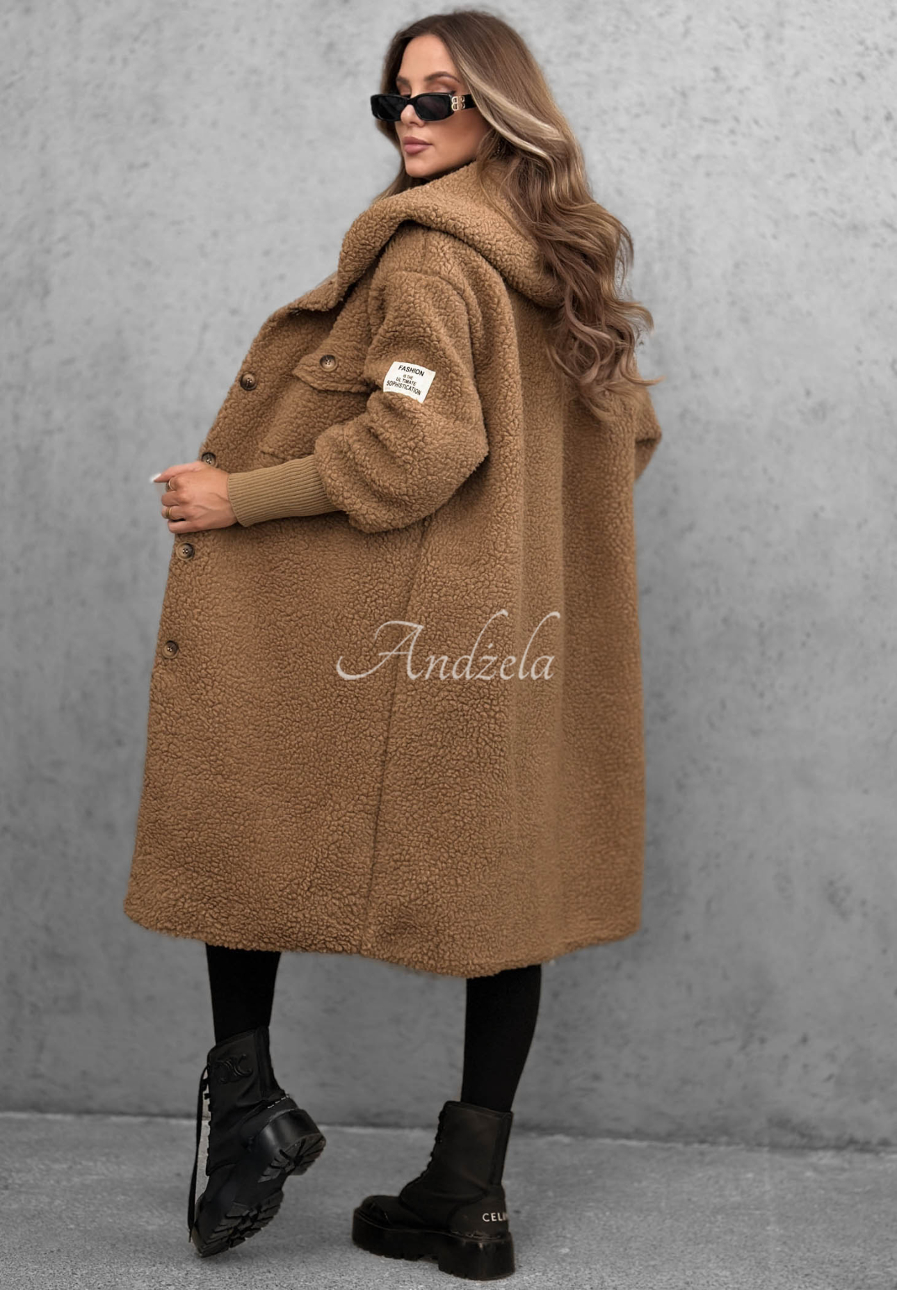 Pardesiu lung din imitație de lână de miel cu glugă Aspen Babe