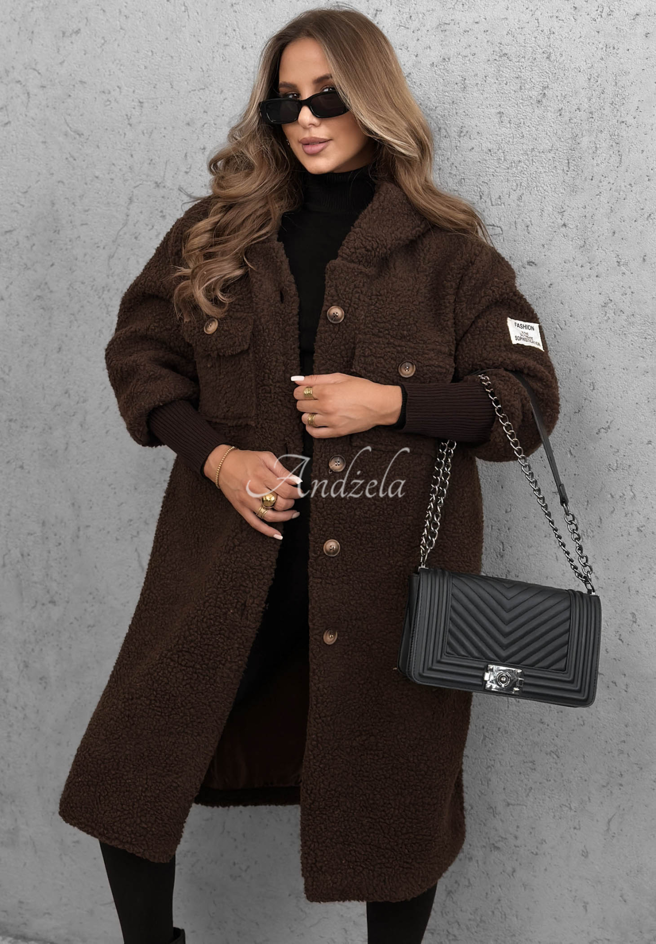 Pardesiu lung din imitație de lână de miel cu glugă Aspen Babe