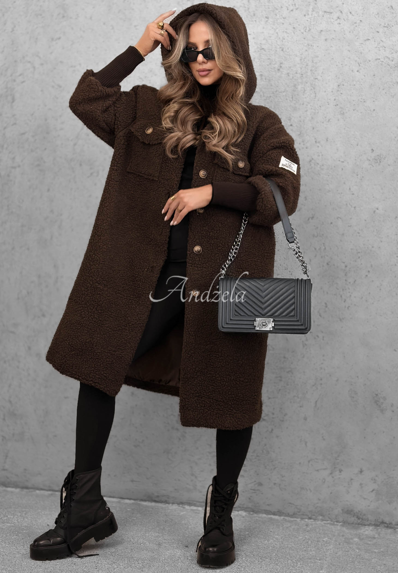 Pardesiu lung din imitație de lână de miel cu glugă Aspen Babe