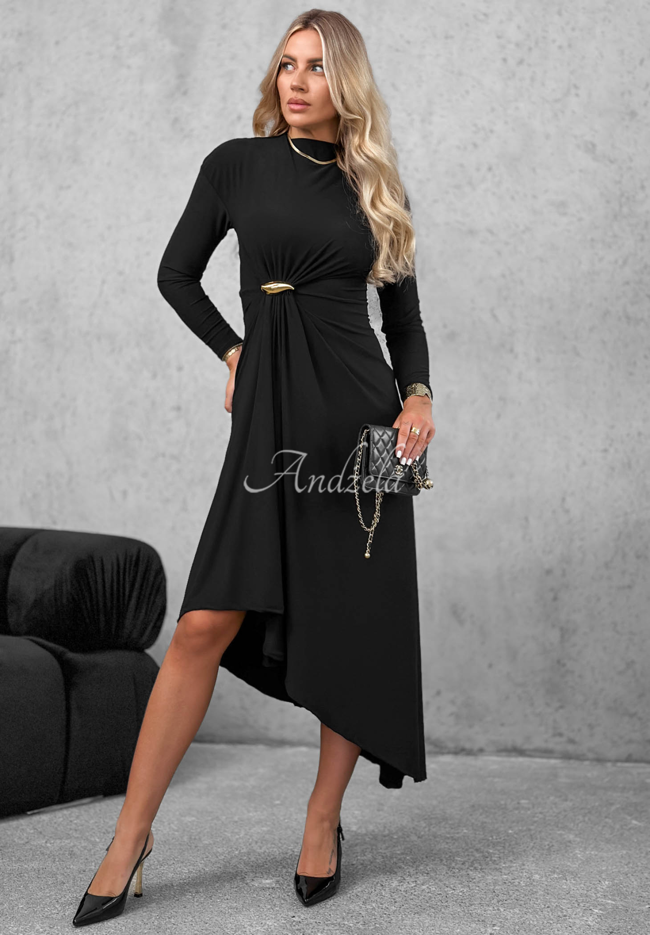 Rochie midi cu mâneci lungi și pliuri Hot Authority