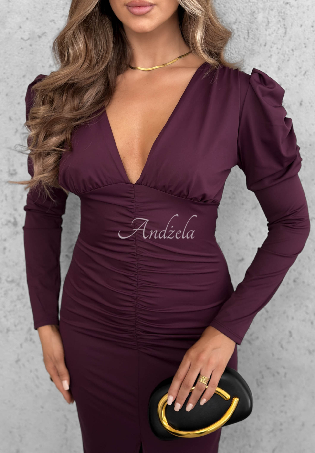 Rochie midi mulată cu pliuri și mâneci bufante Midnight Fantasy