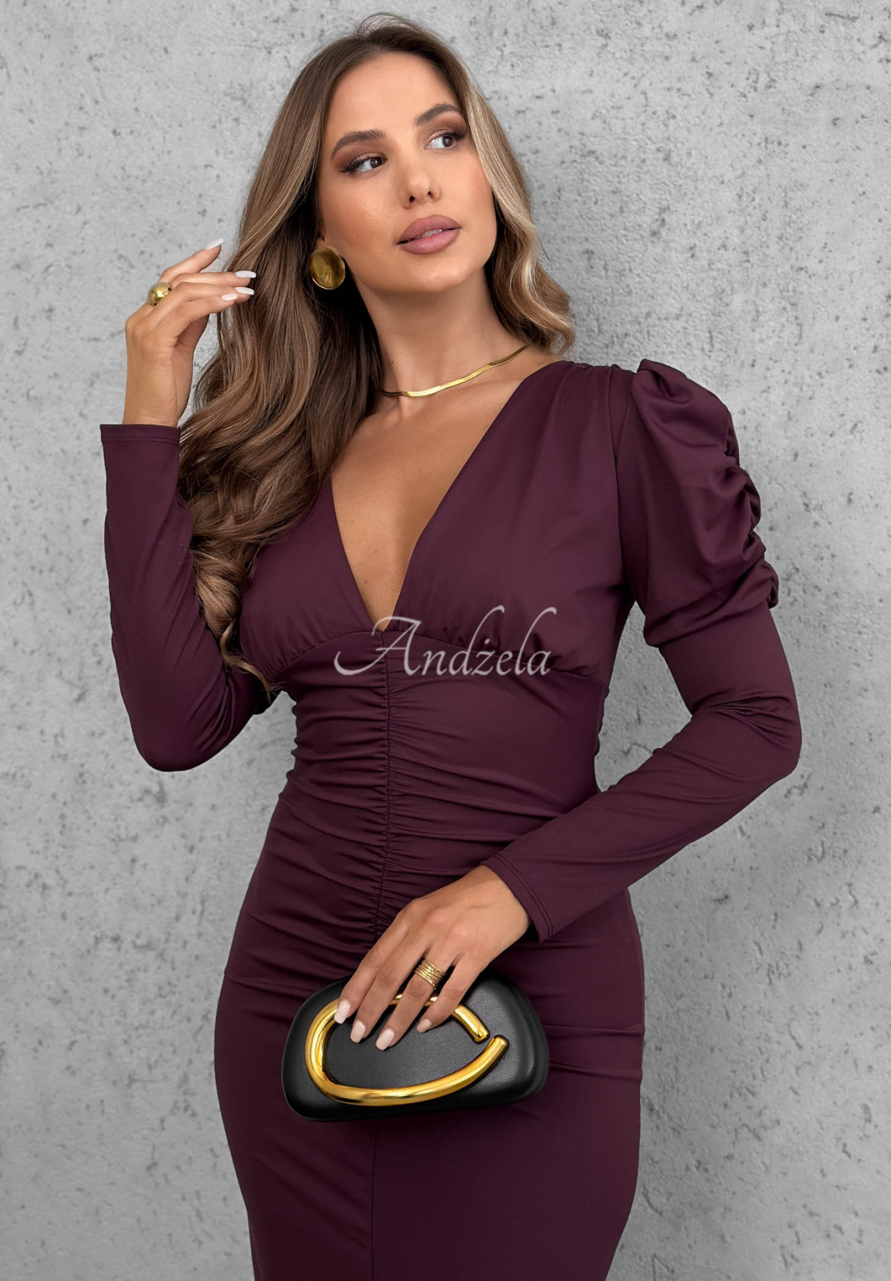 Rochie midi mulată cu pliuri și mâneci bufante Midnight Fantasy