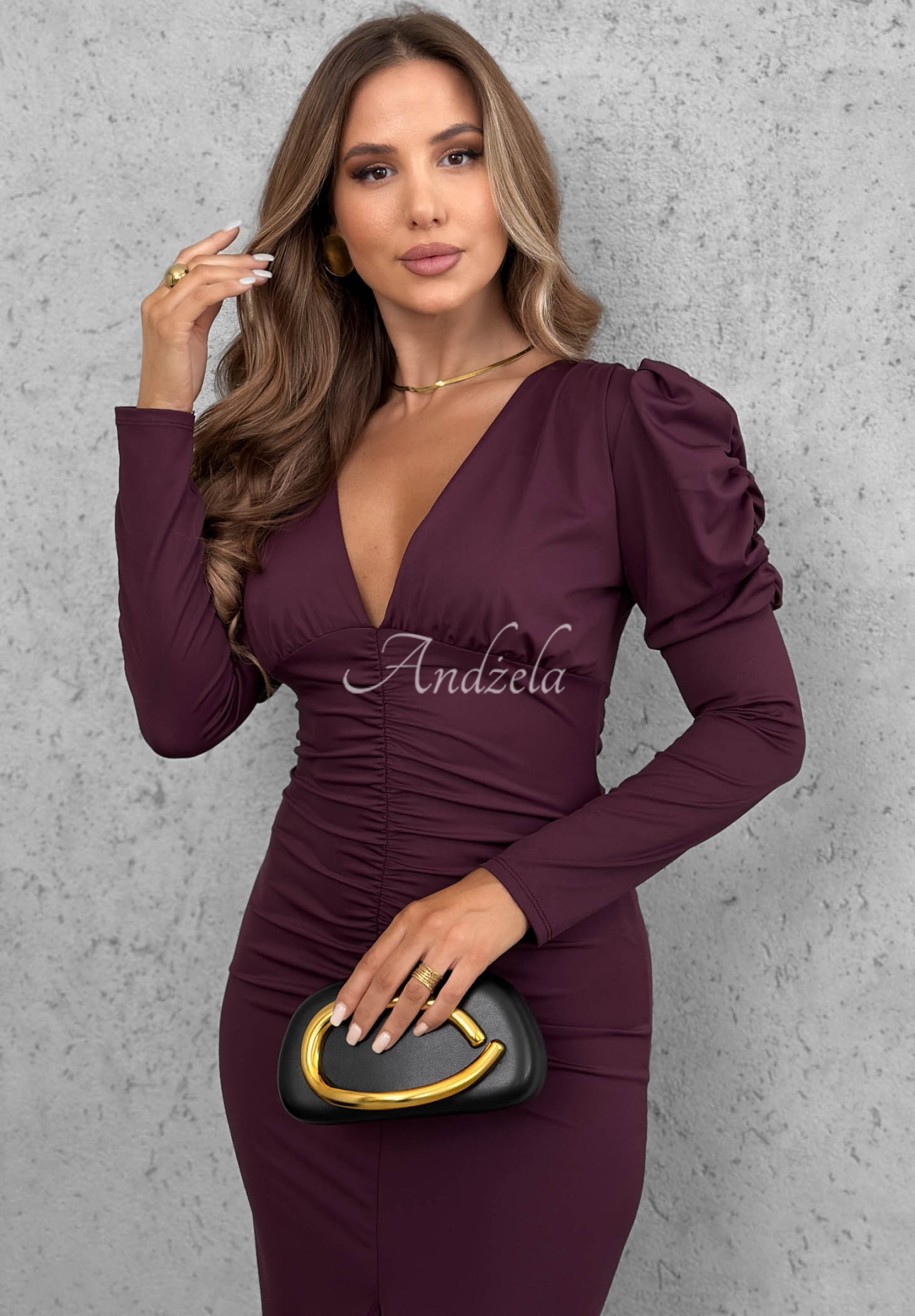 Rochie midi mulată cu pliuri și mâneci bufante Midnight Fantasy