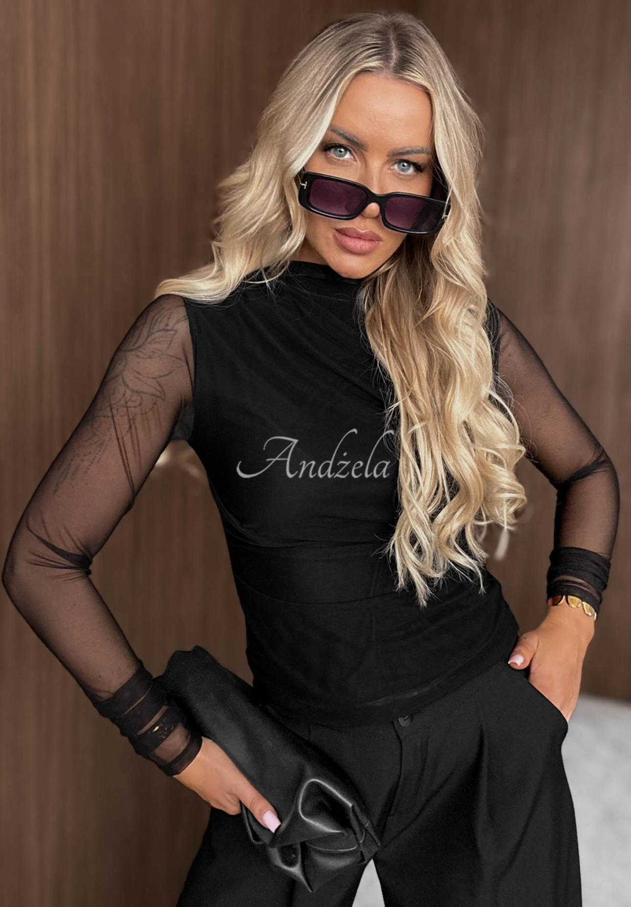 Bluză din plasă cu mâneci lungi și pliuri Femme Fatale
