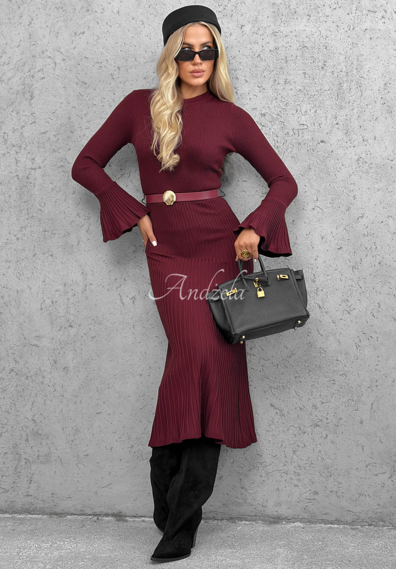 Rochie midi reiată din viscoză cu mâneci lungi evazate Lovely Day