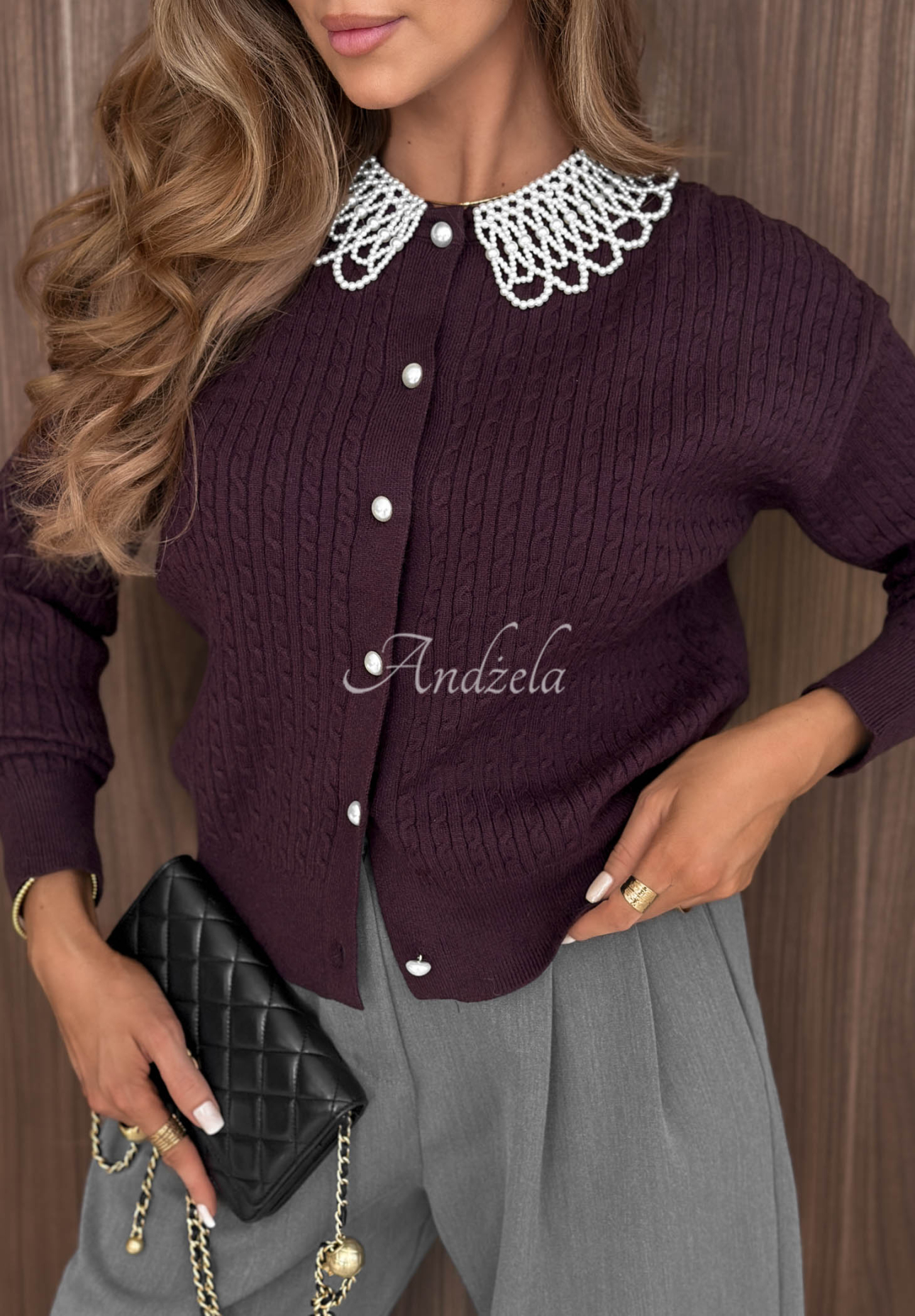 Cardigan din viscoză cu guler din perle Pearly Look