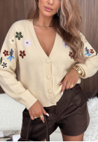 Krótki Cardigan z haftowanymi kwiatami Rose Cloud bej