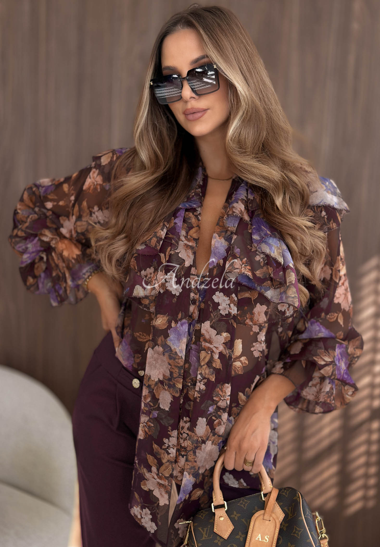 Cămașă cu imprimeu floral, volănașe și legătură Dusky Bloom
