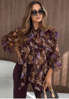 Kwiecista Cămașă z falbankami i wiązaniem Dusky Bloom ciocolatie