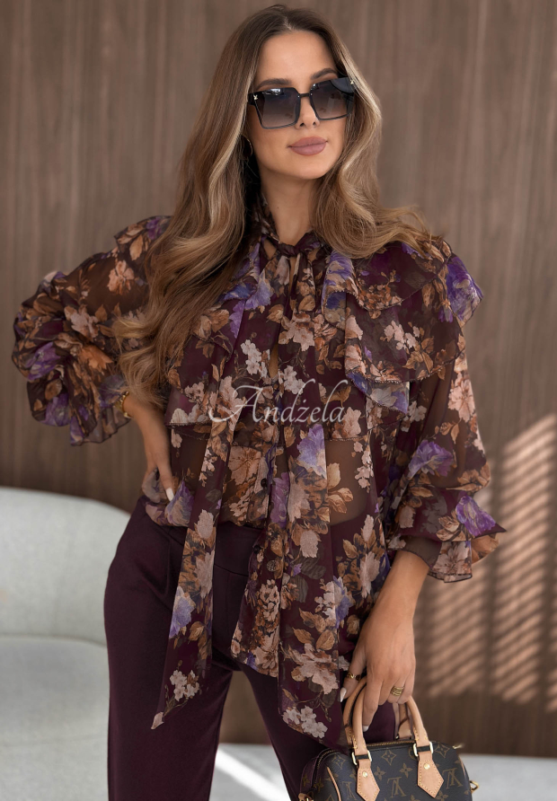 Cămașă cu imprimeu floral, volănașe și legătură Dusky Bloom