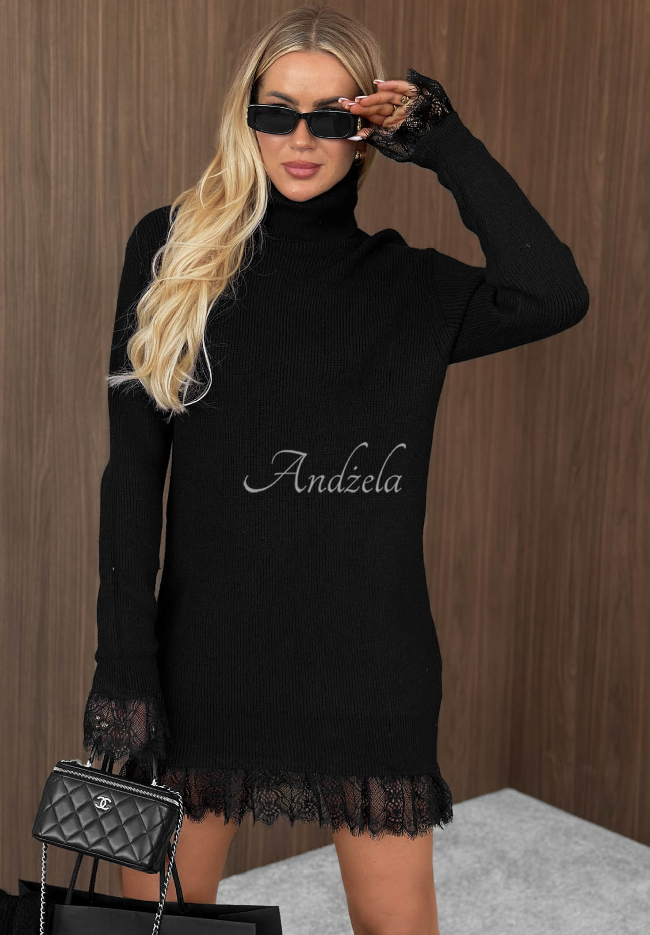 Rochie-pulover din viscoză cu guler înalt și dantelă Autumn Spell