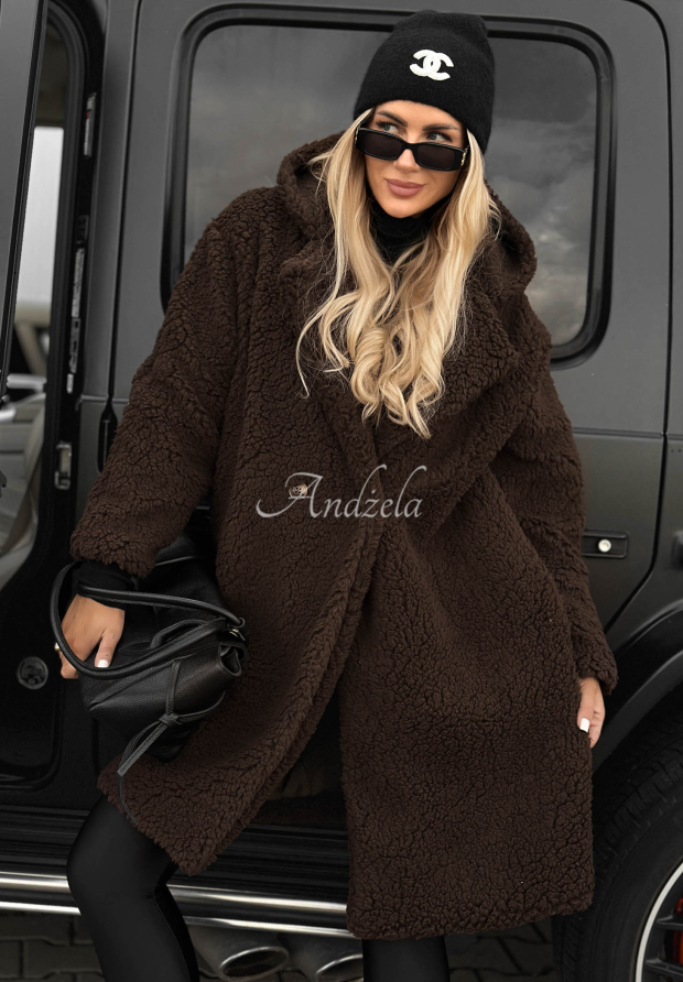 Pardesiu lung din imitație de l&acirc;nă de miel cu glugă și bumbac Frost Lady
