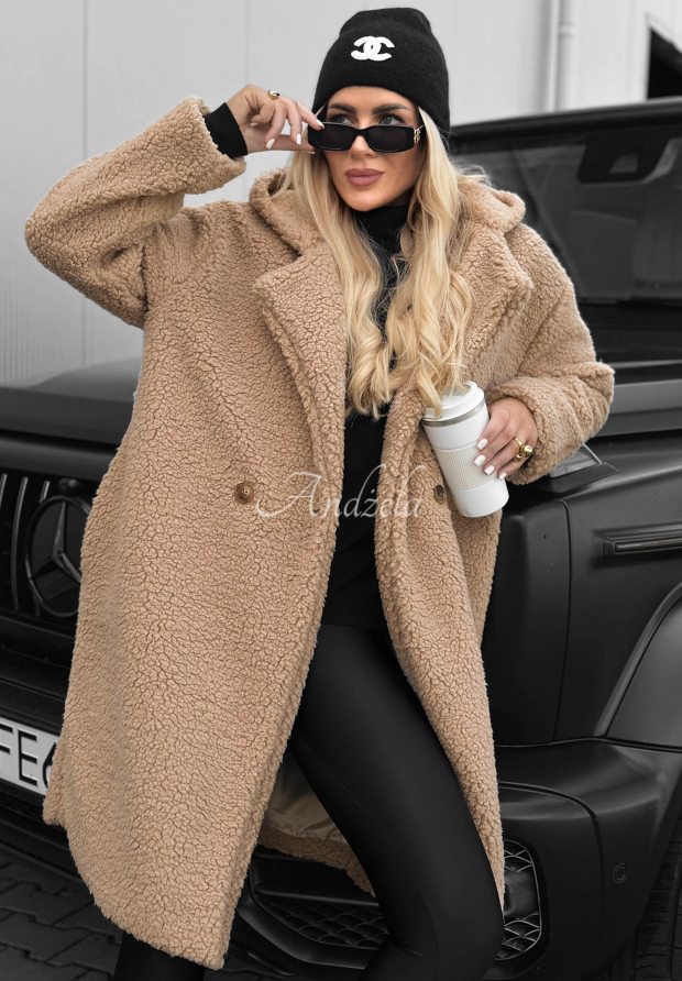 Pardesiu lung din imitație de l&acirc;nă de miel cu glugă și bumbac Frost Lady