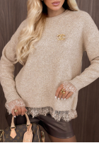 Pulover oversize z koronką Cozy Softness ciocolatiu