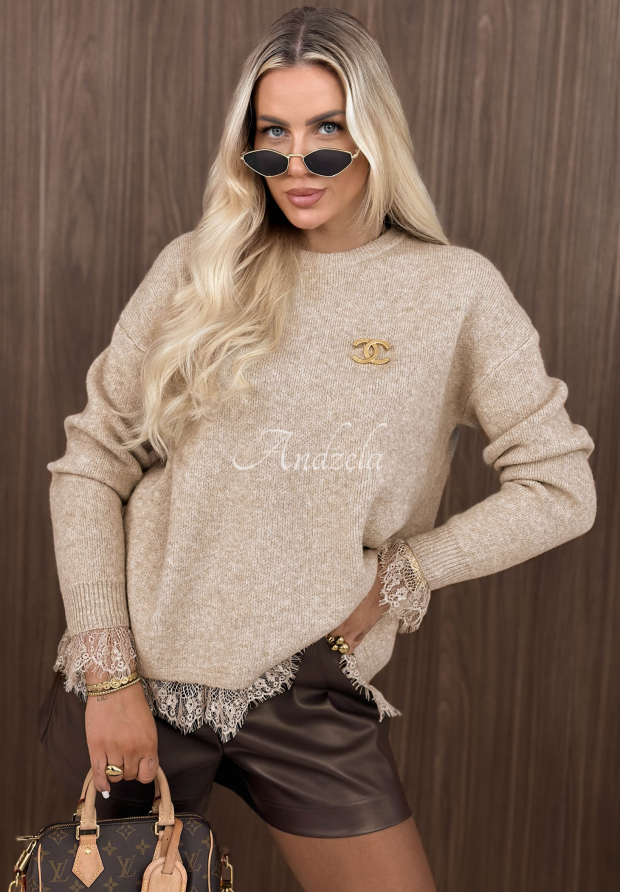 Pulover oversize cu l&acirc;nă și dantelă Cozy Softness