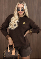 Pulover oversize z koronką Cozy Softness ciocolatiu